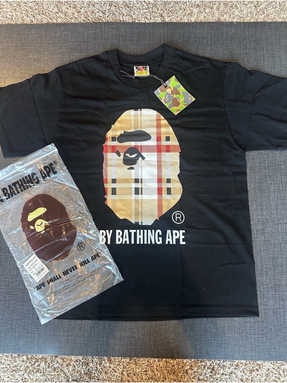 A Bathing Ape Black Short Sleeve  Tee with Plaid Ape Head